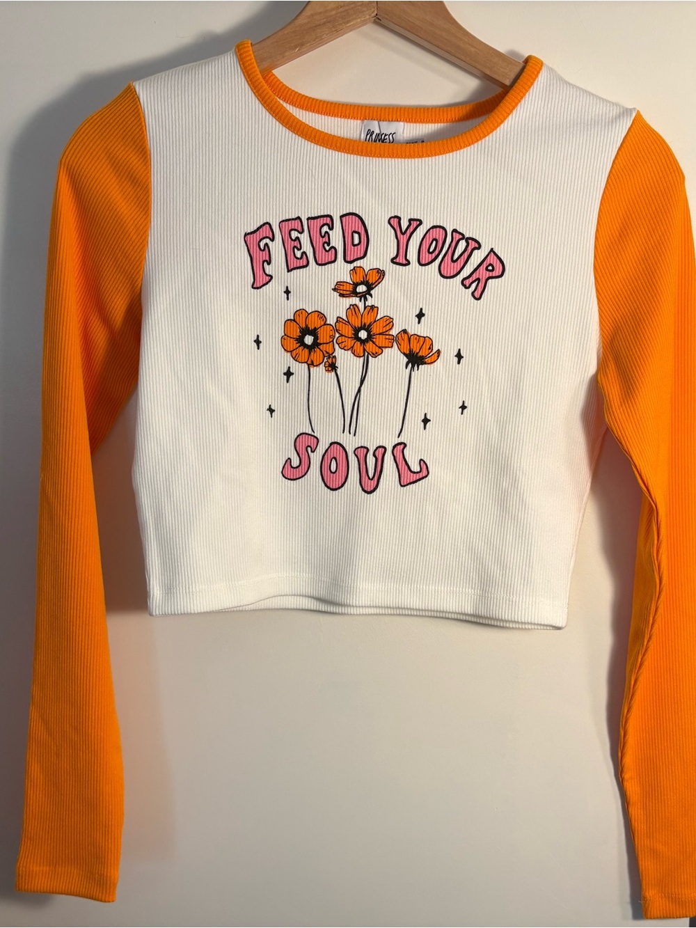 Princess Polly White Crop Long Sleeve Tee with Orange Sleeves & Pink Graphic